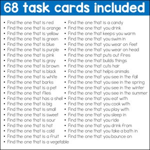 May include: A printable set of 68 task cards for a game or activity. The cards feature a variety of prompts, such as "Find the one that is red" and "Find the one that you wear on your feet".