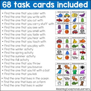 May include: 68 task cards for children to learn about colours, shapes, and activities. The cards feature colourful illustrations of various objects, such as a fire engine, a turtle, a pumpkin, a banana, a basketball, a frog, a cat, a spider, a bird, a grape, a shirt, a snowman, a turtle, and a dog.