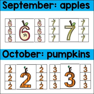 Op de afbeelding: Een printbare educatieve activiteit voor kinderen met afbeeldingen van appels en pompoenen. De afbeeldingen worden gebruikt om tellen en cijferherkenning te leren. De cijfers 6, 7, 2 en 3 worden getoond met het overeenkomstige aantal fruit en groenten.