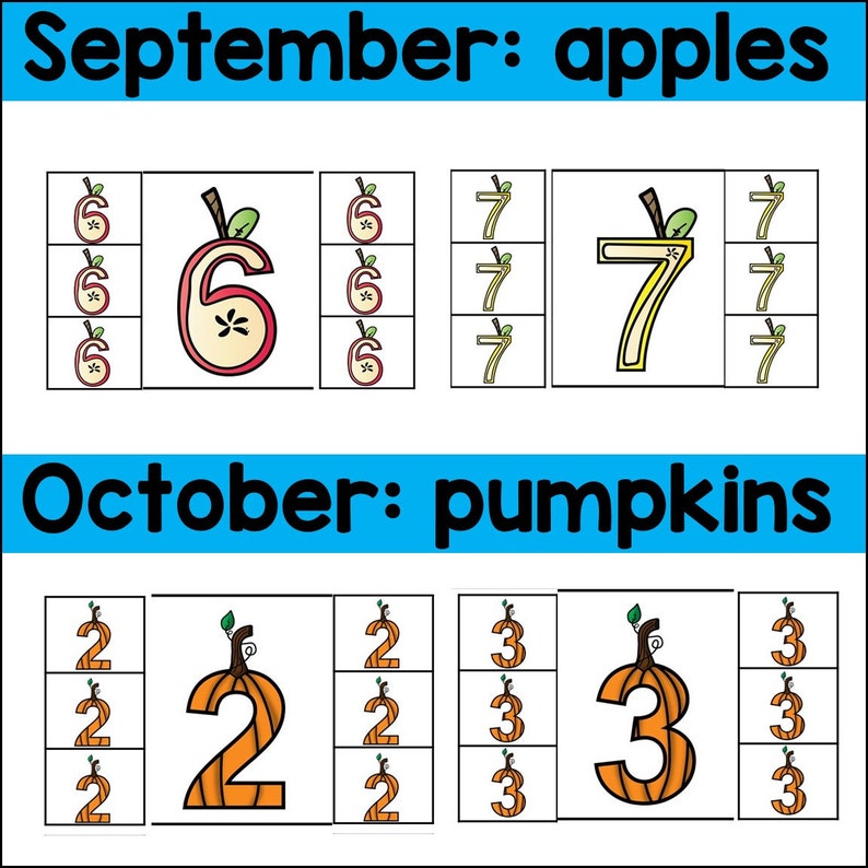 Op de afbeelding: Een printbare educatieve activiteit voor kinderen met afbeeldingen van appels en pompoenen. De afbeeldingen worden gebruikt om tellen en cijferherkenning te leren. De cijfers 6, 7, 2 en 3 worden getoond met het overeenkomstige aantal fruit en groenten.