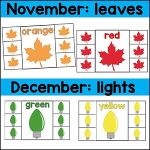 Może przedstawiać: Drukowalna edukacyjna aktywność dla dzieci z grami dopasowującymi na listopad i grudzień. Gra listopadowa zawiera pomarańczowe, czerwone i ż&oacute;łte liście. Gra grudniowa zawiera zielone i ż&oacute;łte żar&oacute;wki.