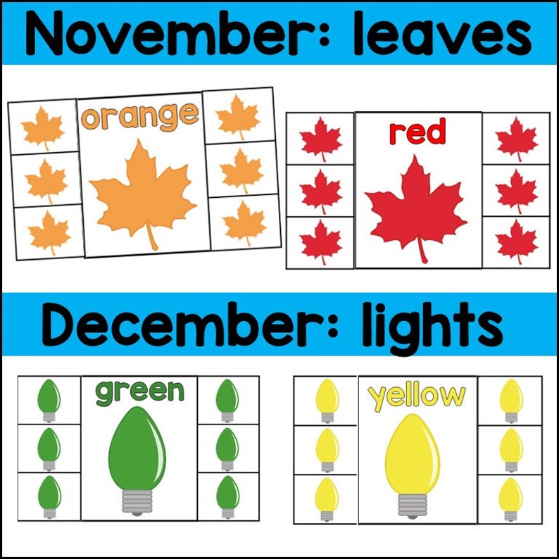 Może przedstawiać: Drukowalna edukacyjna aktywność dla dzieci z grami dopasowującymi na listopad i grudzień. Gra listopadowa zawiera pomarańczowe, czerwone i ż&oacute;łte liście. Gra grudniowa zawiera zielone i ż&oacute;łte żar&oacute;wki.