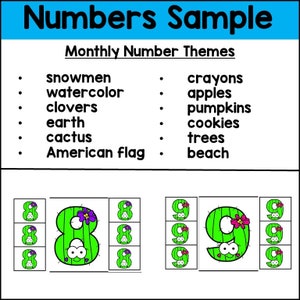 May include: A printable worksheet for teaching numbers to children. The worksheet features the numbers 8 and 9 with a cactus theme. The numbers are surrounded by smaller images of the number. The worksheet also includes a list of monthly number themes.