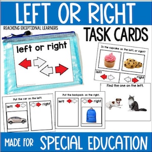 Puede incluir: Un conjunto de tarjetas de tareas para enseñar izquierda y derecha. Las tarjetas presentan ilustraciones coloridas de objetos y las palabras "izquierda" y "derecha". Las tarjetas están diseñadas para estudiantes de educación especial.
