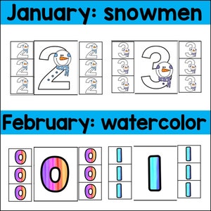 Op de afbeelding: Een printbare educatieve activiteit voor kinderen met de nummers 0, 1, 2 en 3. De nummers zijn versierd met sneeuwpop- en waterverfmotieven. De nummers worden in kleinere formaten herhaald om te helpen met tellen.