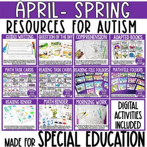 Pode incluir: Um gráfico roxo e branco com o texto "APRIL-SPRING RESOURCES FOR AUTISM" e imagens de vários recursos educacionais para crianças com autismo. Os recursos incluem escrita guiada, pergunta do dia, compreensão, livros adaptados, cartões de tarefas matemáticas, cartões de tarefas de leitura, pastas de arquivos de leitura, pastas de arquivos de matemática, pasta de leitura, pasta de matemática, trabalho matinal e atividades digitais. O texto "DIGITAL ACTIVITIES INCLUDED" também está incluído no gráfico.