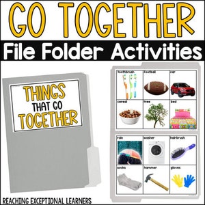 Puede incluir: Una carpeta gris con una etiqueta blanca que dice "Things That Go Together". La carpeta tiene un bolsillo de plástico transparente en la parte delantera que contiene una hoja de papel con imágenes y palabras que van juntas, como un cepillo de dientes y pasta de dientes, un balón de fútbol y un casco, un coche y llaves, cereales y leche, un árbol y hojas, una cama y una manta, lluvia y paraguas, lavadora y secadora, cepillo para el cabello y peine, calcetines y zapatos, martillo y clavos, y guantes y manoplas.