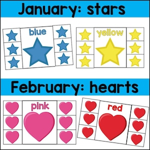 Może przedstawiać: Drukowana karta pracy dla dzieci, aby ćwiczyły rozpoznawanie kolor&oacute;w i liczenie. Karta pracy zawiera dwie sekcje: Styczeń: Gwiazdy i Luty: Serca. Każda sekcja ma dwie kolumny z gwiazdami i sercami w r&oacute;żnych kolorach. Pierwsza kolumna pokazuje dużą gwiazdę lub serce w kolorze niebieskim, ż&oacute;łtym, r&oacute;żowym lub czerwonym, a druga kolumna zawiera mniejsze gwiazdy lub serca w tych samych kolorach.