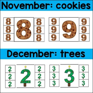 Op de afbeelding: Een printbare educatieve activiteit voor kinderen met de getallen 8, 9, 2 en 3. De getallen zijn versierd met afbeeldingen van koekjes en kerstboom. De tekst "November: koekjes" en "December: bomen" is inbegrepen.