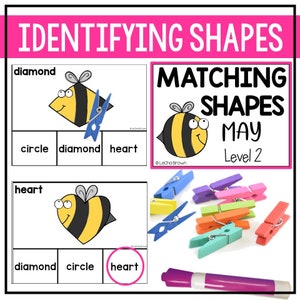May include: A printable worksheet for kids to learn about shapes. The worksheet features a bee with different shapes and asks children to match the shapes to the correct words. The worksheet also includes a set of colorful clothespins and a marker.