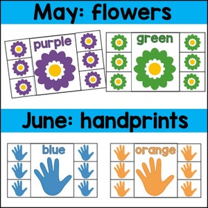 Może przedstawiać: Drukowana karta aktywności dla dzieci, aby dopasować kwiaty i odciski dłoni do ich odpowiednich kolor&oacute;w. Karta zawiera słowa "Maj: kwiaty", "Czerwiec: odciski dłoni", "fioletowy", "zielony", "niebieski" i "pomarańczowy".