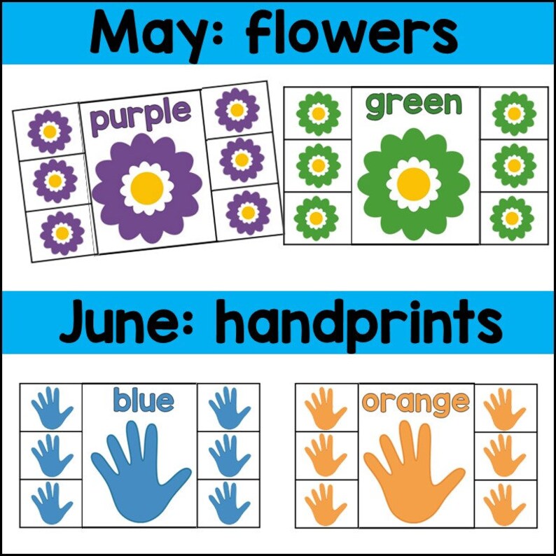 Może przedstawiać: Drukowana karta aktywności dla dzieci, aby dopasować kwiaty i odciski dłoni do ich odpowiednich kolor&oacute;w. Karta zawiera słowa "Maj: kwiaty", "Czerwiec: odciski dłoni", "fioletowy", "zielony", "niebieski" i "pomarańczowy".