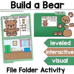 May include: A green file folder activity for building a bear. The folder has a brown bear on the front with directions to build the bear. The folder also has a picture of a bedroom with a bed, dresser, and wardrobe. The words "leveled", "interactive", and "visual" are written on the folder.
