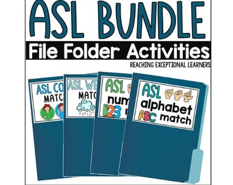 May include: A set of four blue file folders with colorful labels. The labels say "ASL Color Matching", "ASL Weather Matching", "ASL Numbers 123", and "ASL Alphabet ABC Match". Each label has a picture of hands signing the letters or numbers.