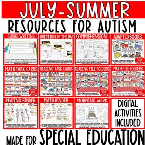 Pode incluir: Um pacote de recursos digitais colorido para professores que trabalham com alunos autistas. O pacote inclui uma variedade de recursos para julho e verão, incluindo escrita guiada, pergunta do dia, folhas de trabalho de compreensão, livros adaptados, cartões de tarefas de matemática e leitura, pastas, pastas, pastas, trabalho matinal e atividades digitais. O texto "JULY-SUMMER RESOURCES FOR AUTISM" está no topo da imagem.