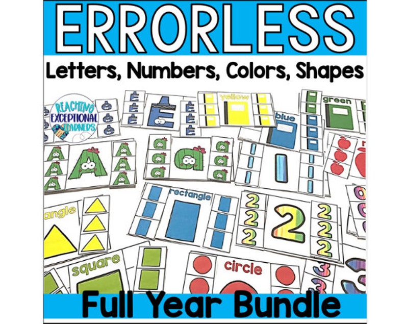 May include: A set of printable educational activity cards for preschool and kindergarten. The cards feature letters, numbers, colors, and shapes. The cards are designed to help children learn and practice their skills in a fun and engaging way. The cards are labeled with the words "Errorless", "Letters, Numbers, Colors, Shapes", and "Full Year Bundle".
