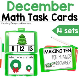 May include: Green plastic containers with December maths task cards. The cards feature Christmas-themed images and activities, including making ten with ten frames and comparing sizes. The text "14 sets" is visible on the top right corner.