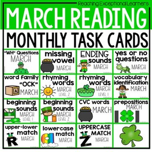 May include: A set of 12 colourful task cards for March reading activities. The cards feature various reading skills, including rhyming words, beginning sounds, and vocabulary identification. Each card has a green shamrock design and the word "MARCH" on it.