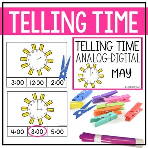 May include: A printable worksheet for teaching children how to tell time. The worksheet features analog clocks with yellow numbers and hands, and a digital time display. The worksheet is titled "Telling Time Analog-Digital May".