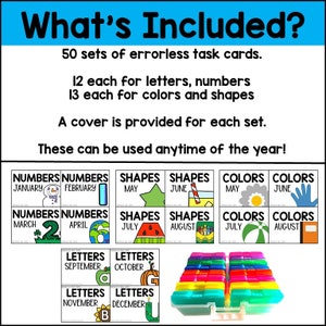 May include: A set of 50 colorful storage containers with lids, each labeled with a month of the year and a category: numbers, shapes, colors, or letters. The containers are filled with small task cards.
