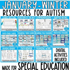 Pode incluir: Um gráfico azul e branco com o texto "JANUARY-WINTER RESOURCES FOR AUTISM" e imagens de vários recursos educacionais para autismo, incluindo escrita guiada, pergunta do dia, compreensão, livros adaptados, cartões de tarefas matemáticas, cartões de tarefas de leitura, pastas de arquivos de leitura, pastas de arquivos de matemática, pasta de leitura, pasta de matemática, trabalho matinal e atividades digitais.