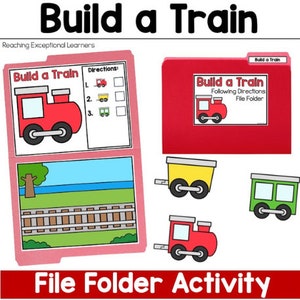 以下が含まれることがあります： 子供たちが電車を作るための赤いファイルフォルダの活動。フォルダには赤い機関車の絵と、指示のための空の箱が3つあります。フォルダには、線路と緑の木の絵もあります。この活動には、黄色い車両、緑色の車両、赤色の車両の3つの車両があります。