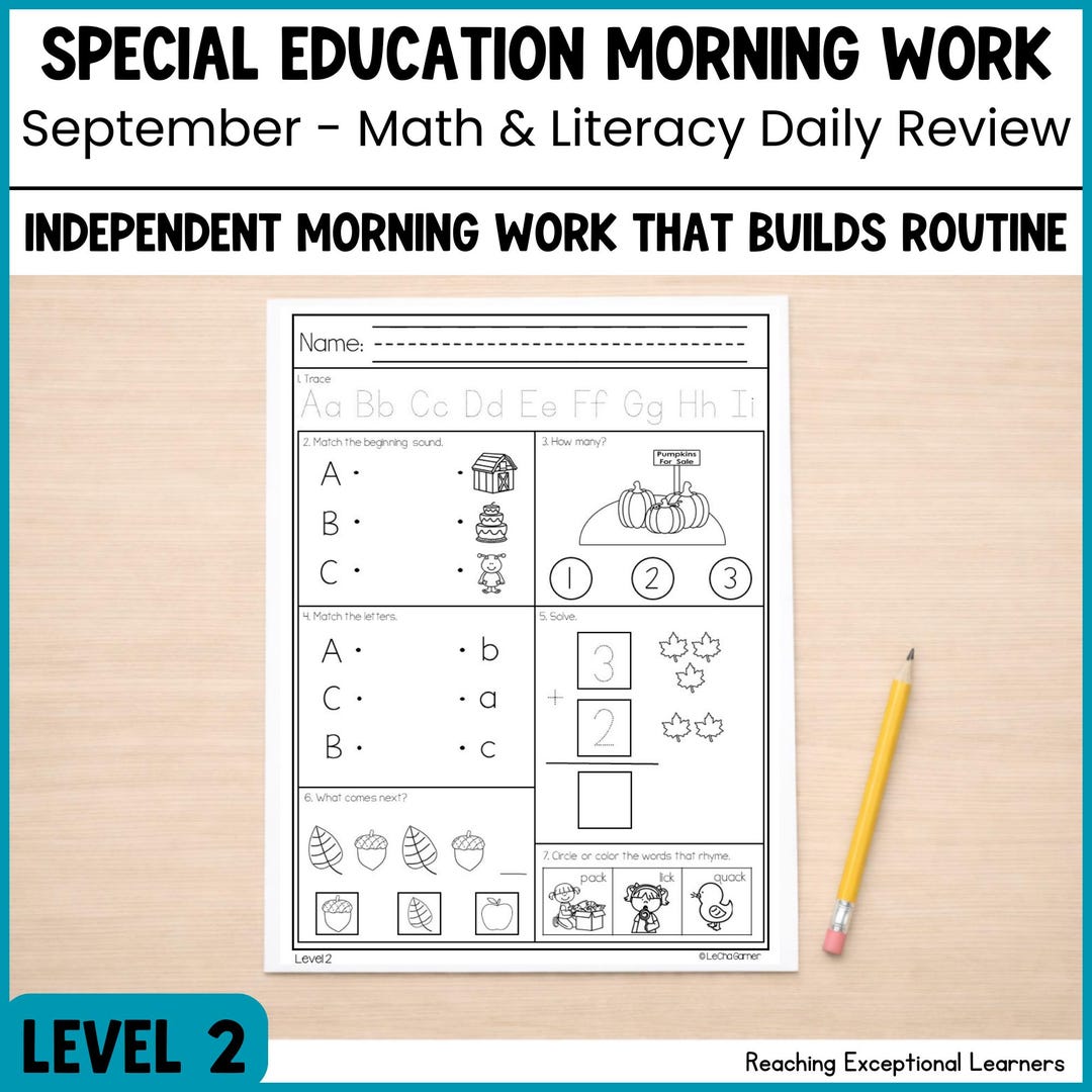 September Special Education Morning Work Level 2: Literacy, Math & Fine ...