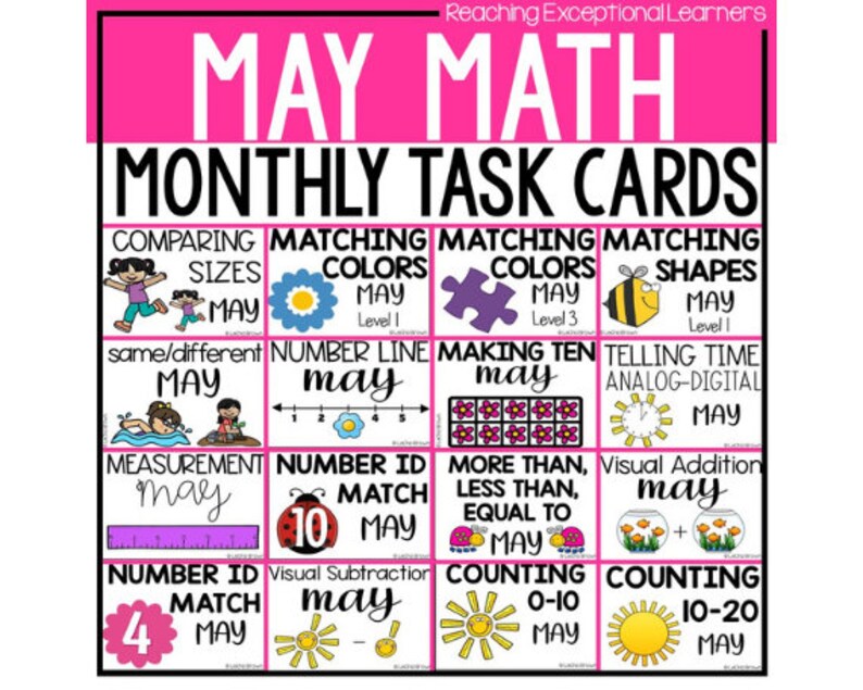 May include: A colorful chart with 12 task cards for May math activities. Each card features a different math skill, such as comparing sizes, matching colors, making ten, and telling time. The cards are labeled with the month "May" and the skill level.