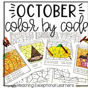 Puede incluir: Un conjunto de hojas de trabajo imprimibles de octubre para colorear por números con temas de Halloween como calabazas, brujas y casas encantadas. Las hojas de trabajo incluyen instrucciones para colorear los números con colores específicos.