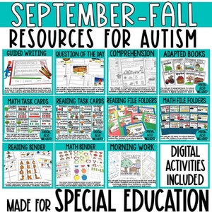 Pode incluir: Um pacote de recursos digitais colorido para professores de alunos autistas. O pacote inclui uma variedade de recursos para setembro e outono, incluindo escrita guiada, pergunta do dia, folhas de compreensão, livros adaptados, cartões de tarefas de matemática, cartões de tarefas de leitura, pastas de arquivos de leitura, pastas de arquivos de matemática, pastas de leitura, pastas de matemática, trabalho matinal e atividades digitais. O texto "SEPTEMBER-FALL RESOURCES FOR AUTISM" está na parte superior da imagem. O texto "MADE FOR SPECIAL EDUCATION" está na parte inferior da imagem.