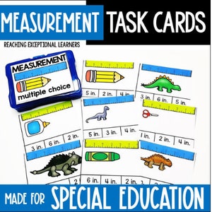 May include: A set of colorful task cards for teaching measurement skills. The cards feature various objects, such as dinosaurs, pencils, and crayons, and ask students to measure their length in inches. The cards are designed for special education students and include multiple choice options for each measurement.