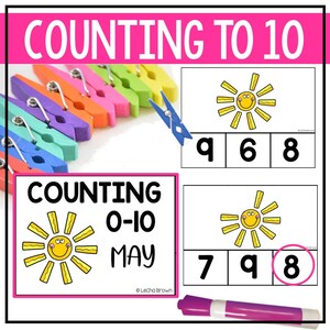 May include: Counting to 10 activity with a yellow sun with a smiling face and 10 rays. The sun is on a white card with a pink border. There are three boxes below the sun with the numbers 7, 9, and 8. The number 8 is circled. There is a purple marker on the bottom of the card.