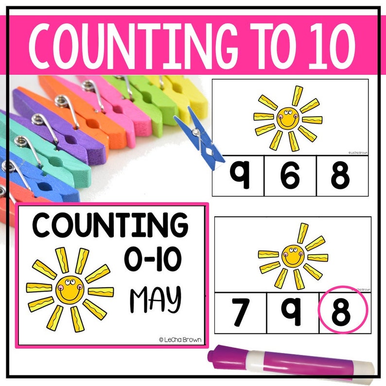 May include: Counting to 10 activity with a yellow sun with a smiling face and 10 rays. The sun is on a white card with a pink border. There are three boxes below the sun with the numbers 7, 9, and 8. The number 8 is circled. There is a purple marker on the bottom of the card.