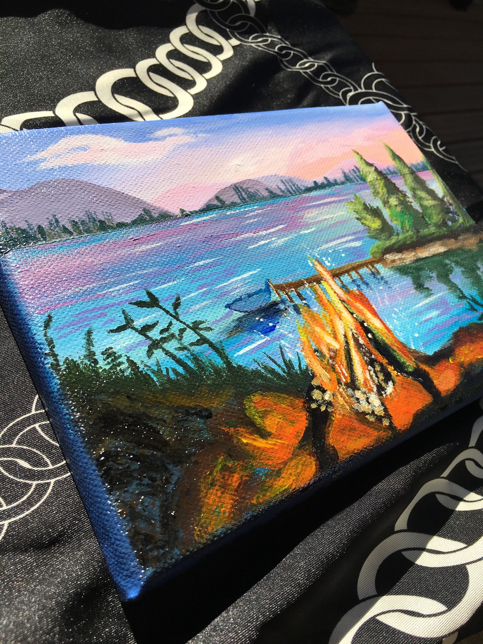 Acrylic Painting on Canvas Campfire by a calm lake at sunset | Etsy