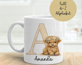 Highland Cow Mug, Personalised Initial Mug, Highland Cow Lover Gift
