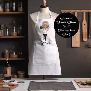 Personalised Chef Apron, Chef Gifts, Chef Whites, Gift For Chef Friend, Choose Your Own Girl Character, Professional Cook Apron, Baker Gift