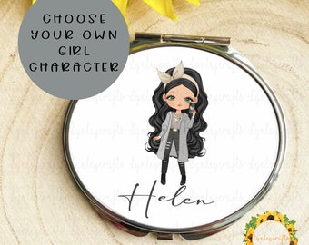 Compact Mirror Personalised, Gift For Teenage Girl, Girl Character Compact Mirror For Her, Silver Compact Mirror UK, Girls Birthday Gift