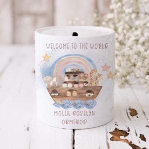 Personalise New Baby Money Box, Noahs Ark Piggy Bank, Welcome To The World Gift,  New Baby Keepsake, Unisex Baby Savings, Baby First Savings