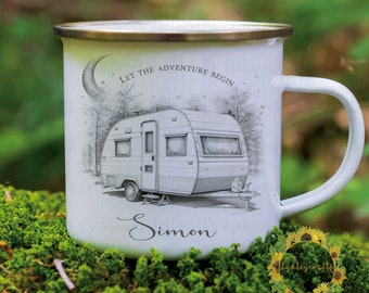 May include: White enamel camping mug with a black and white illustration of a camper van and the text "Let the adventure begin". The mug has a black handle and the name "Simon" is written below the illustration.