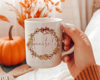 Personalised Autumn Wreath Mug, Autumnal Gifts, Autumn Mug For Her, Fall House Warming Gift, Autumn Leaves Mug, Thanksgiving Mug, Fall Gift