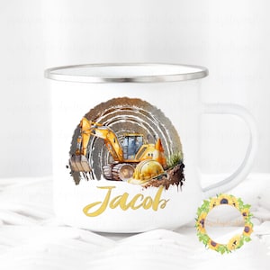 Personalised Digger Camp Mug, Boys Construction Cup, Excavator Mug, Childrens Unbreakable Metal Mug, Gift For Son, Birthday Gift For Boys