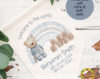 Personalised Rainbow New Baby Pennant, Welcome To The World Flag, Bear Nursery Decor, Born In 2024 Gift, Birth Detail Gift For Newborn