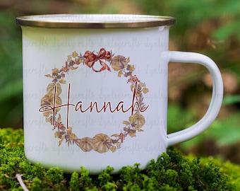 Personalised Autumn Wreath Camp Mug, Autumnal Gifts, Autumn Metal Mug, Fall Camping Gift, Autumn Leaves Mug, Thanksgiving Mug, Fall Gift