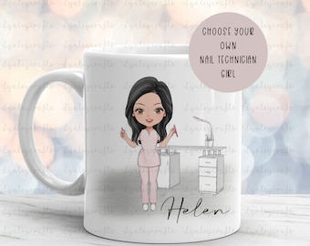Personalised Nail Technician Mug, Gift For Nail Tech, Best Friend Gift, Nail Artist Gift, Manicurist Office Work Mug, Character Girl Mug
