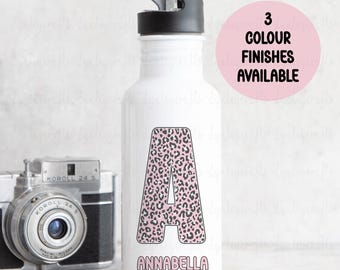 Personalised Leopard Print Water Bottle, Leopard Print Initial Gift, Girls School Drinks Bottle, Leopard Print Lovers Gift, Alphabet Bottle