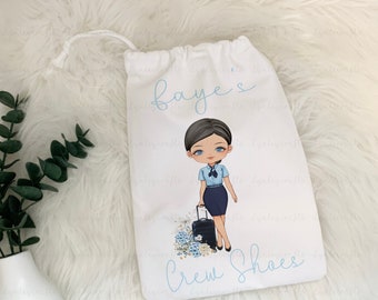 Cabin Crew Shoe Bag, Personalised Drawstring Bag, Flight Attendant Air Hostess Bag, Cabin Crew Gift, Light Blue Airline, Staff Shoe Bag