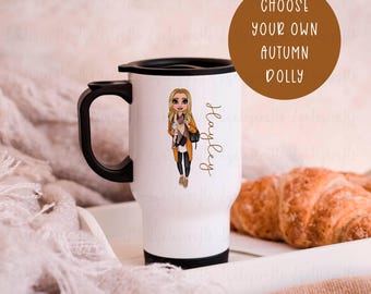 Autumn Girl Character Travel Mug, Personalised Autumn Mug, Cosy Fall Mug For Her, Autumnal Gift To Best Friend, Cute Autumn Gifts