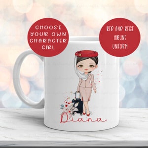 Cabin Crew Mug, Personalised Flight Attendant Air Hostess Mug, Cabin Crew Gift For Her, Gaining Wings Gift For Cabin Crew, Red Beige Uniform