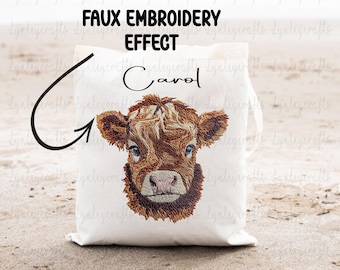 Personalised Highland Cow Tote Bag, Highland Cow Gifts, Cow Lover Shopping Bag, Long Handle Tote Bag, Scottish Cow Gifts, Gift For Friend