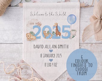 Personalised Born In 2025 Baby Pennant, Welcome To The World Flag, Safari Nursery Decor, Born In 2025 Gift, Birth Detail Gift For Newborn